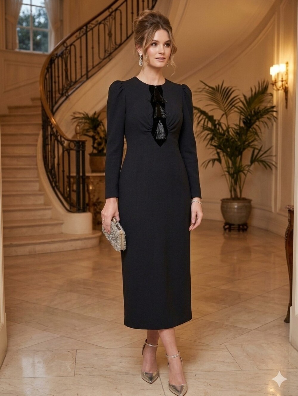ANTONIO MELANI Alicia Black Long Sleeve Tassel-Detail Evening Midi Dress Size 0
